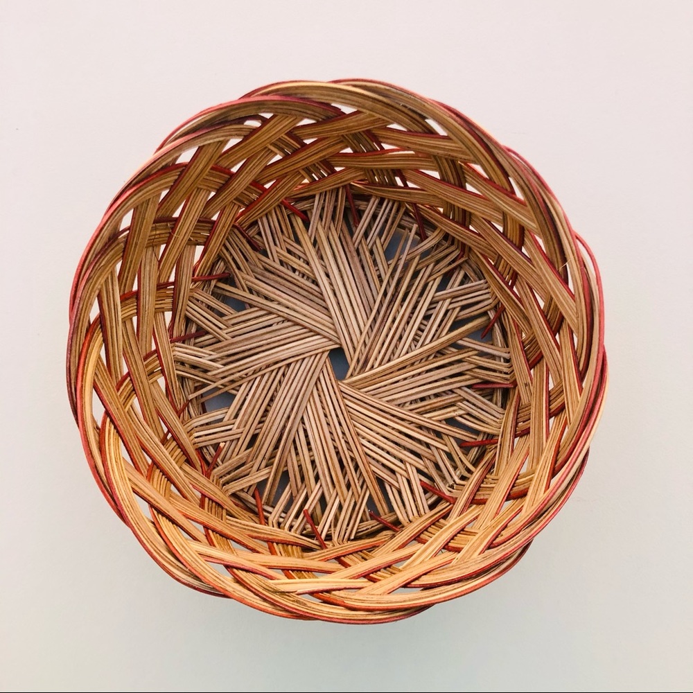 Round Wicker Basket Red Trim Brown Woven Boho Wall Art